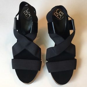 BCBG Black Elastic Strap Wedge Size 7 NWOT